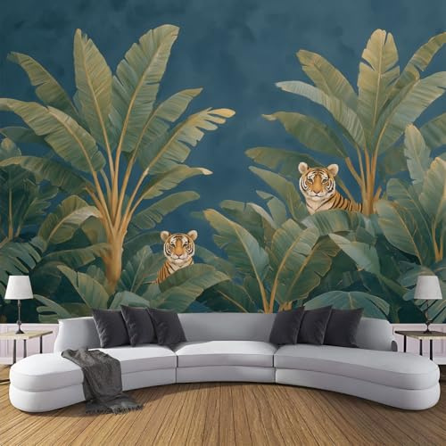 ANALTIRCE Papier Peint Panoramique Tigre Dessin Animé,Papier Peint 3D Motif Bananier Tropical Intissé Wallpaper Chambre Bureau Déco 450×315 cm Personnalisé Décoration Murale Bleu