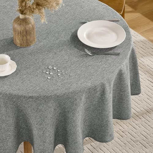 FIBORIA Runde Tischdecke Outdoor 120 cm Grau Abwaschbar Leinenoptik Tischdecken Wasserabweisende Tischwäsche Abwischbare Tischtuch Table Cloth für Frühling Ostern Camping,Garten,Hochzeiten,Geburtstag