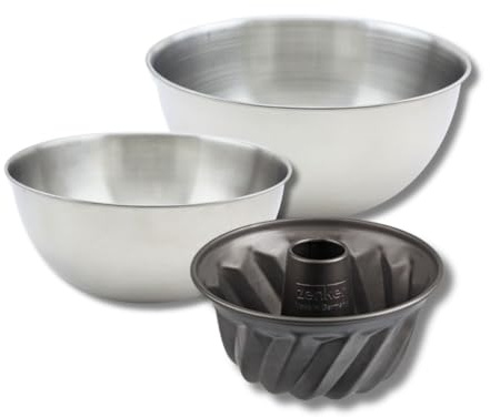 Zenker 9370050 Set 4 pièces Mini Moule à Kouglof 18 cm, avec Antiadhésif ILAG Spécial sans PFOA, 2 Bols à Mixer en Acier Inoxydable 20,5 et 25 cm, Spatule à Pâtisserie Silicone, Kougelhopf, Noir, Rose