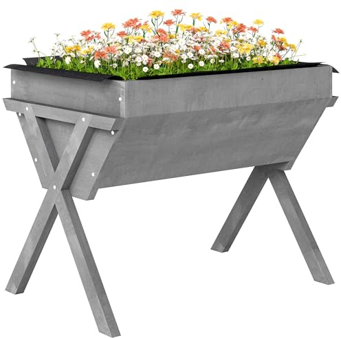 Outsunny Wooden Raised Garden Bed with Bed Liner, Light Grey | Elevated Planter Box, for Vegetables Flowers Herbs, Outdoor and Indoor Use
