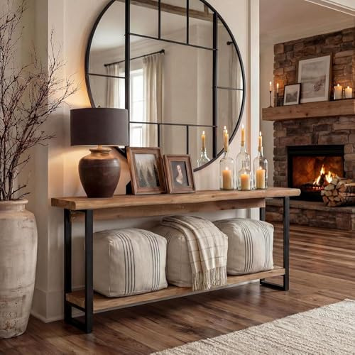TRIBEWOOD Konsolbord i massivt trä, 160 cm extra långt konsolbord, 2 nivåer smal bondgård vardagsrumsbord för entré, hall, foajé, rustik brunt