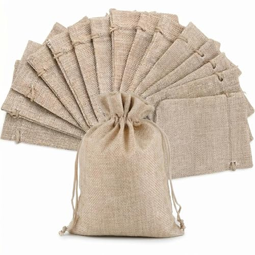 Intckwan 24 Stück Jutebeutel 10x15 cm, Klein Jutesäckchen mit Zugband, Leinen-Optik Geschenkbeutel für Weihnachten, Hochzeit, DIY, Schmuckaufbewahrung (Natur)