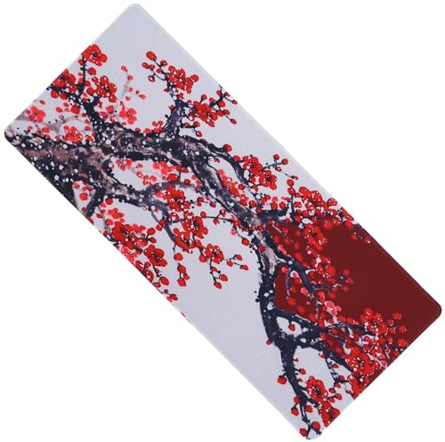 SUPVOX Tapis de Souris Grand Format 300x800x3 Mm Motif Fleurs de Cerisier Noir et Blanc, Base Antidérapante en Caoutchouc, Bordure Cousue, Tapis de Bureau Gaming et Matériel de Bureau