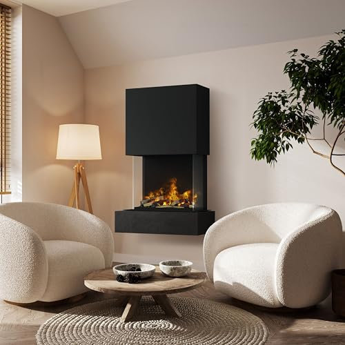 muenkel design Como - Opti-Myst Elektro-Kamin Kaminofen Wandkamin - mit Heizung - Naturstein Nero Schiefer Schwarz - Rauchfang schwarz-grau