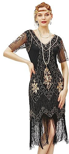 BABEYOND 1920-tals klänning damer charlestonklänning med kort ärm Gatsby temafest damer kostym klänning, Svart guld, M