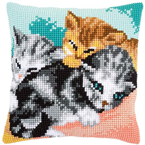 Vervaco Kreuzstich Stickpackungen Kissen Stickerei Set Anfänger Vorgedruckt 3 Kätzchen DIY Set Kreativ Set Für Erwachsene Dekoratives Kissen ca. 40 x 40 cm Bastelset Handwerker Haus Dekoration