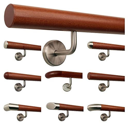 TIBU - Corrimano in legno di mogano, corrimano per scale con supporti angolari in acciaio inox, lunghezza 30-500 cm in un unico pezzo, lunghezza 60 cm con 2 supporti - estremità smussate