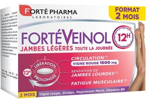 Forté Pharma - Forté Veinol 12h | Complément Alimentaire Circulation sanguine Jambes | Vigne Rouge, Ginkgo Biloba, Magnésium, Vitamine C, E, B6 - Circulation, Jambes lourdes | 60 comprimés = 2 mois