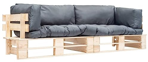 vidaXL Holz Palettensofa 2-TLG. mit Grauen Kissen Palettenauflage Palettenkissen Palettenmöbel Gartensofa Gartenmöbel Sofagarnitur In/Outdoor