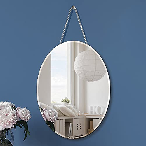 QMDECOR Oval Silver Mirror with Iron Chain for Home Decor12x16 inch Vertical or Horizontal Wall Hang Frameless Mirror Beveled Handicraft Wall Art