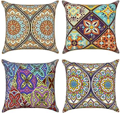 Suesoso Boho Pillow Cover 18x18 Ethnic Mandala Set of 4 Pillowcase Bohemian Farmhouse Decor Pillow Cover Retro Floral Mandala Compass Medallion Double Sided Print Cushion Cover Home Sofa Bedroom
