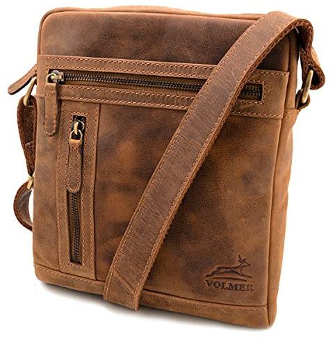 Fa.Volmer® Ledertasche | Tasche aus 100% echtem Leder für Herren und Damen | Schultertasche Umhängetasche Reisetasche | ca. 26 x 23 x 7 cm (LxBxH) (cognac Stanford)