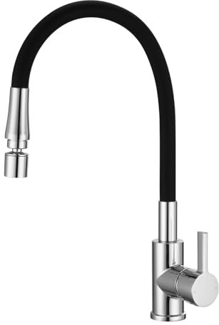 Peppermint Flexible Kitchen Sink Mixer Tap Single Lever Black and Chrome Kitchen Tap with Flexible Hose Bendable Sink Taps Flexi Silicone Hose with Dual Function Aerator 360° Swivel