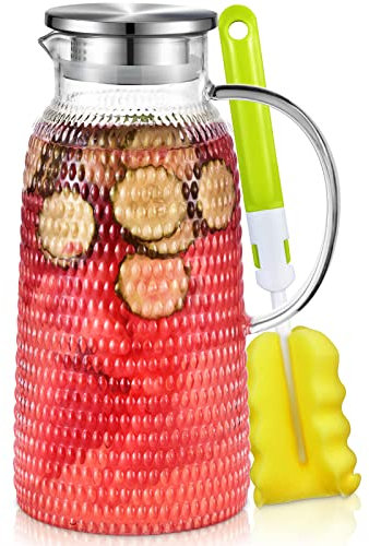 Aofmee Water Jug, 2.4L Glass Jug with Lid, Water Pitcher for Fridge, Glass Carafe Milk Jug with Lid, Heat Resistant Borosilicate Glass Water Jug for Cold or Hot Beverages, Iced Tea Pitcher, Easy Clean