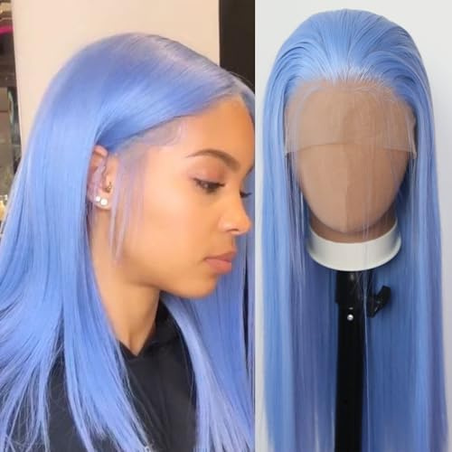 Towarm Lange gerade hellblaue Perücke Mittelteil synthetische Lace-Front-Perücken für schwarze Frauen, kleberfrei, 33 x 7.6 cm, handgeknüpfte Hochtemperatur-Faser, tägliche Abnutzung, Cosplay-Perücke