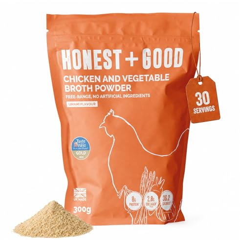 Honest + Good Chicken & Vegetable Bone Broth Powder - 300g (1 Month Supply) | UK Made Gold Award Winner, Made With Free Range Chicken, Type II Collagen & Protein Promote Hair, Skin, Nail & Gut Health