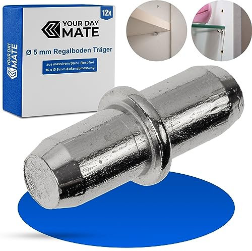 Universal Regalboden Träger, 12 Stück, Bodenträger für Ø 5 mm Bohrlöcher, Stift aus massivem Stahl, Rost-frei, Einlegeboden Halter, Regalbodenträger Möbel, Regalstützen Schrank, Regal Pin Träger