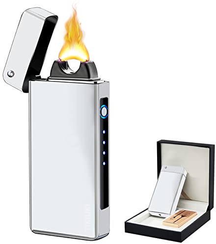 TIKIUKI Accendino Elettrico Accendino Ricaricabile Accendino Al Plasma Accendino Candele Accendini Antivento Accendino a Fiamma Grande Con Indicatore Di Batteria Per Il Campeggio All'aperto (Argento)