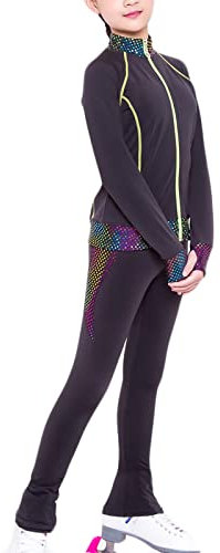 Songyi Mädchen Damen Eiskunstlauf Hose und Jacke, Performance Tights Hose Kinder Eiskunstlaufhose Skate Dressing Tights Leggings(Size:L,Color:Schwarz-Spandex)