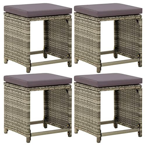 MOONAIRY Gartenhocker 4 STK. mit Kissen, Hocker Outdoor, Gartenmöbel, Sitzhocker, Beistelltisch Outdoor, Blumenhocker, Pflanzen Hocker, Poly Rattan Grau