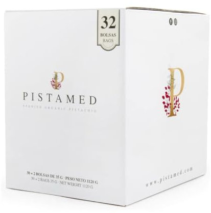 PISTAMED - Pistachos con cáscara - Sin Sal - Tostado Artesanal - Sin Aditivos y Sin Gluten - Alto en Contenido en Fibra - Dietas Vegetarianas y Veganas - Contenido: 35 g (Paquete de 32)