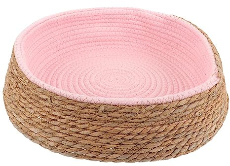 Ipetboom Woven Round Pet Bed and Sleeping Pad, Sturdy Rattan Material, Small Size Pink Cushion for Dogs and Cats, Indoor Resting Nest and Cat Sleeping Supply