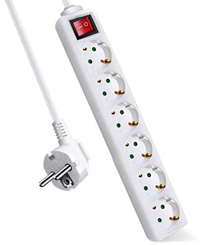 EXTRASTAR Multiprise avec 6 Prises et Interrupteur, câble 5 m, pour la Maison, Le Bureau et Les Voyages, 16 A, 250 V, 3680 W, Blanc