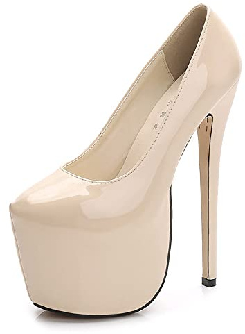 Damen 18cm High Heel Sexy Stiletto Pumps 8cm Plattform High Heel Einfarbige Slip On Leder Pumps (Aprikosenfarbe,42EU)