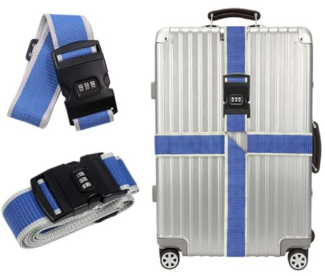 AUSYIWI Correas de Equipaje, Cinta para Maletas de Viaje, Correas Transversales para Equipaje con Cierre de Combinación, Fijación Segura del Equipaje (Azul)