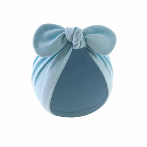 Yurosiay Neugeborenen Mütze Süß Baby Turban Hut Mit Schleife Weiche Stretch Baumwolle Erstlingsmütze Baby 0-12 Monate Babymütze Headwrap Baby Kinder Knotenmütze Jungen Mädchen 17×17cm Hellblau