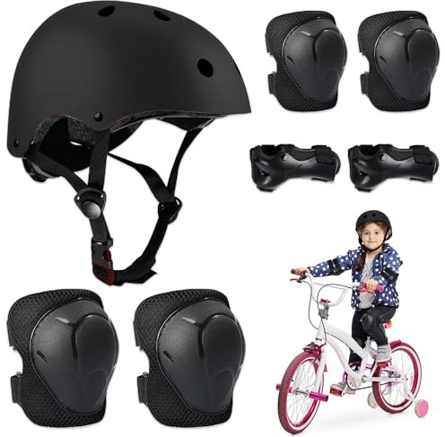 BNGXR Protection Roller Enfant, 5 in 1 Casque Vélo Enfant Set de Protection pour Garçons Filles Protège-Poignet Genouillère pour Roller Skateboard Vélo Trottinette 3 à 11 Ans (Noir)