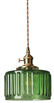 EKSED Pendelleuchte aus Messing mit vertikal gestreiftem Glasschirm, Drehschalter und goldenem geflochtenem Kabel - Zubehör für Hängeleuchte (Grüne Streifen)