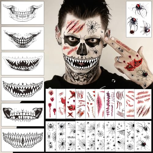 Gesichtstattoo Karneval, 27 Blatt Halloween Tattoo Gesicht, Halloween Kostüm Herren Kinder Gruselig Accessoires, Hexe Vampir Zombie Damen 3D Narben Tattoos, Wunden Spinnen Skelett Gesichtsaufkleber