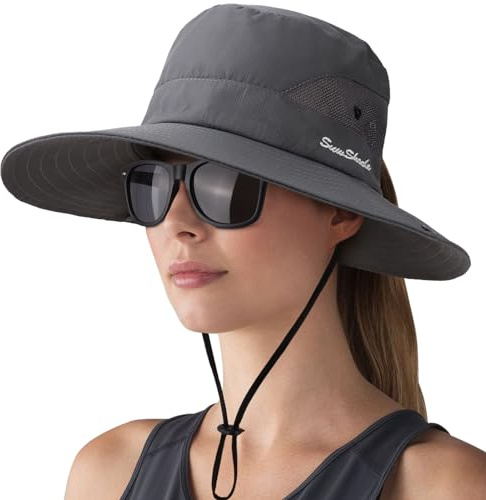 DRESHOW Mujer Sol Sombrero Al aire Libre UV Protección Sombrero Plegable Ala Ancha Pesca Ponytail Playa Bucket Sombreros con Gafas