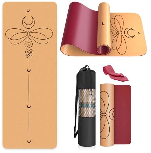 Haninj® Yogamatte Kork – Rutschfeste Yoga Matte, Einzigartiges Design, Naturkautschuk TPE Gymnastikmatte, Trainingsmatte mit Tragetasche & Gurt, für Zuhause, Pilates, Aerobic Fitnessstudio und Workout