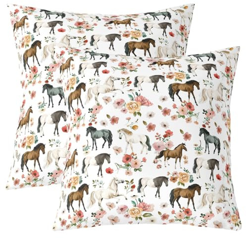 Homemissing Horse Cushion Covers Set of 2 45x45cm For Sofa Couch Chair Kids Girls Boys Teens Galloping Horse Pillow Covers Cute Animal Decor Pillow Cases Floral Flower White Cushion Case