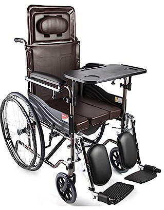 PNAJFUEL Liegerollstuhl Toilettenstuhl Stahl-Badezimmer-Transport-Duschstuhl Faltbarer Leichter Manueller Rollstuhl Mit Esstisch Toilettenstuhl Roller Für Ältere Menschen Rollstuhl