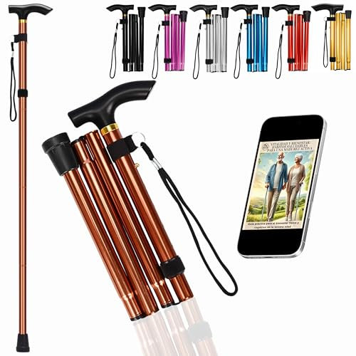 Tirimbeles Bastón Plegable de Aluminio | Bastones para Mayores Ajustables en Altura | Ultraligero y Extensible | Antideslizante para Evitar Caídas | Ideal para Viajar y Caminar con Seguridad (Bronce)