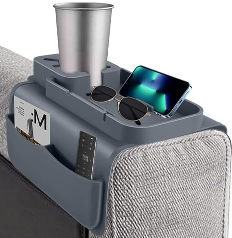 HuuppHip ne Sofa Armrest Tray,Portable Sofa Armrest Organizer Anti-Slip Couch Tray & Couch Cup Holder with Dual Side Pockets for Drink, Settee Tray for Living Room (Grey)
