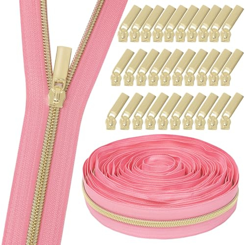GUBOCA 9 m dragkedja, sydd oändlig dragkedja med dragkedja, med 30 stycken dragkedjor, tillbehör för väskdekoration (guld, rosa)