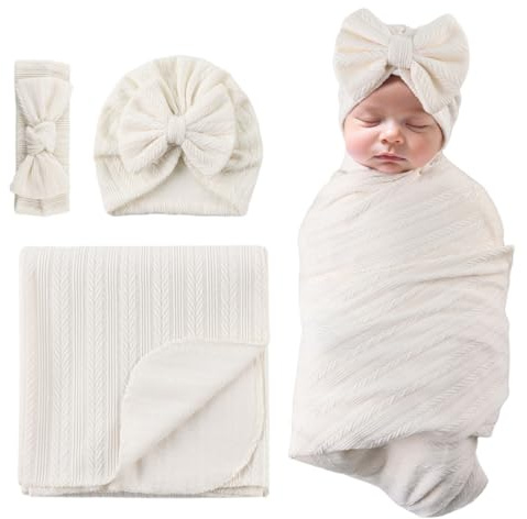 MniJiza Baby Pucktuch Neugeborenes Swaddle Kleinkind Mädchen Hut Stirnband Schlafsack (Beige)