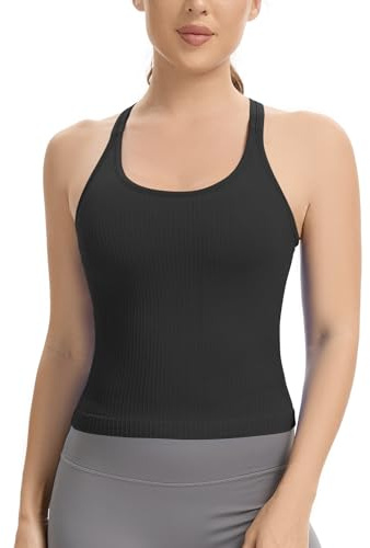 Lemef Vest Top with Built in Bra Sports Top for Women Ribbed Gym Tank Top Racerback Workout Yoga Shirt Black M