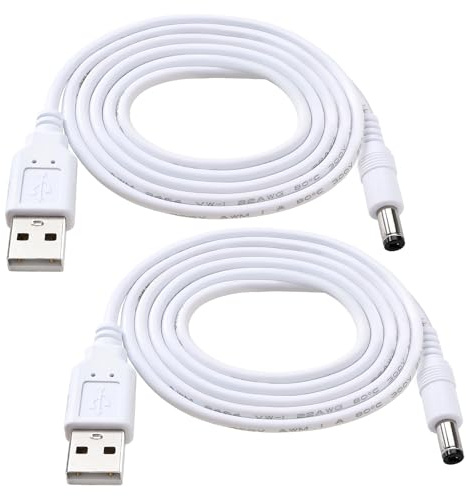 KUOQIY 2 Stücke 1m 22AWG USB zu 5V DC Kabel, USB auf 5.5x2.1 mm 5 Volt DC Hohlstecker Stromkabel, für LED-Lichtstreifen, Kleine Schreibtischlampen, Kleine Lüfter, Laptop-Kühlsockel, Weiß