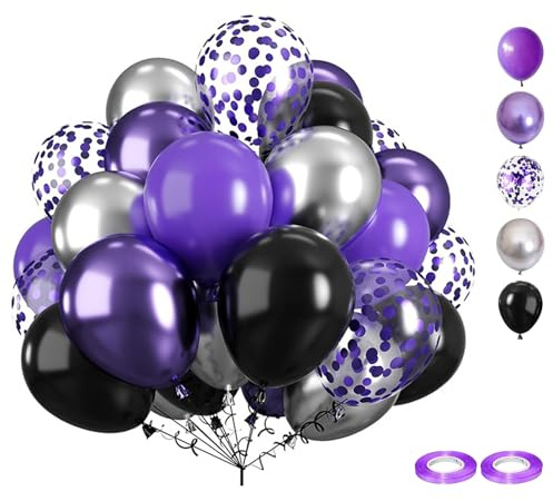 Luftballons Lila Schwarz Silber, 60 Stück 12 Zoll Luftballons Geburtstag mit Konfetti Party Ballons, für Herren, Damen Geburtstag Boho Hochzeit Jugendweihe Verlobung