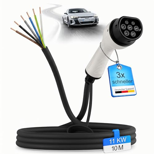 EVify Typ 2 Ladekabel 11kW 10M offenes Ende für Elektroauto & Hybrid • Ersatzkabel 3 phasig 16A für EV PHEV • geeignet für alle E Autos Modell 3 S X Y, ID3, ID4, ID5