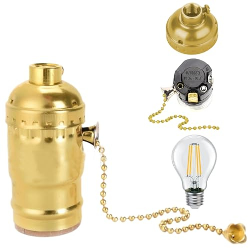 Hperu Portalámparas con Cadena de tracción, Casquillo de lámpara con Rosca y Cadena de tracción, portalámparas de Metal Vintage para Bombillas E26 E27, Acabado Dorado, Colgante de Techo