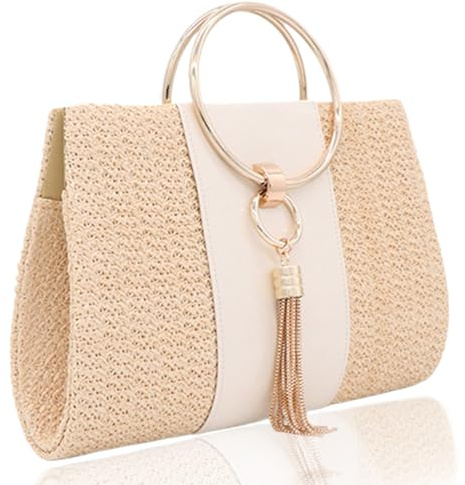 Bolso de Paja, Bolso de Mano para Mujer, de Mano de Paja Tejida con Borla, de/Hombro/Bandolera de Playa con asa y Cadena, Verano
