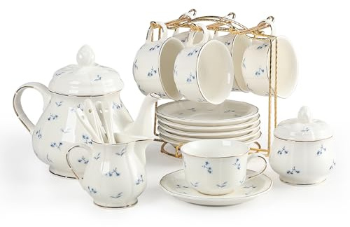 Sweejar 23 Pcs Floral Tea Sets with Metal Holder, Relief Gold Rim Porcelain Tea Sets for Adults, Cup and Saucer Set for 6, with Teapot, Sugar Bowl, Milk Jug, Spoons (Blue Flower)