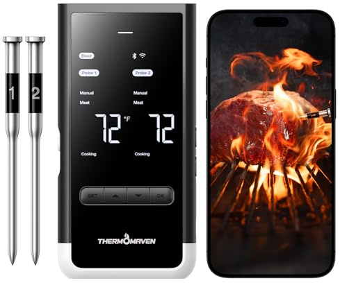 ThermoMaven Kabelloses Bluetooth-Smart-Fleischthermometer: Basisstation, WLAN-Thermometer Mit Sub-1G, 6 Sensoren, NIST-Genaue Messung, 6 Sonden, Für Grill, BBQ, Ofen & Smoker (Weiß)