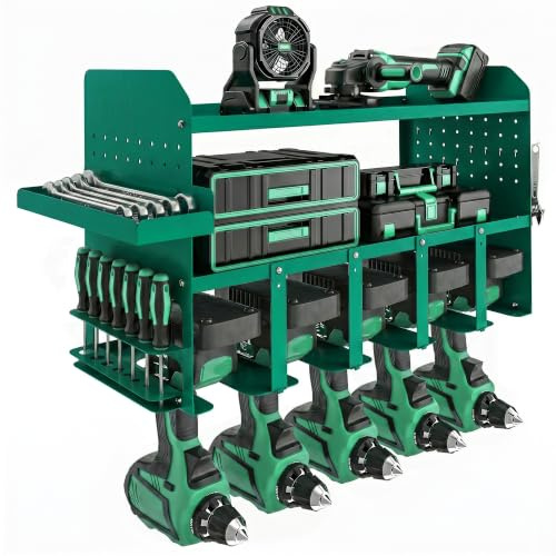 Outsunny Organizer per Utensili Elettrici Porta Attrezzi da Parete Verde | Supporto Heavy Duty per 5 Trapani Elettrici, in Metallo, Vassoio Laterale, 4 Ganci, Garage, Capanno, Officina